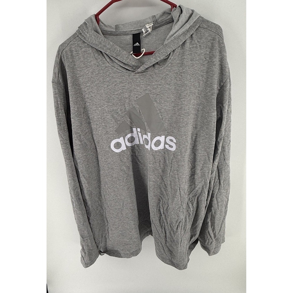 Adidas Men's 2XL Gray Lightweight Hooded Long Sleeve Logo Shirt Pullover